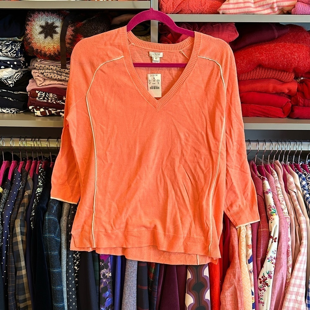 J Crew hot coral v neck 3/4 quarter sleeve sweater size XS NWT
